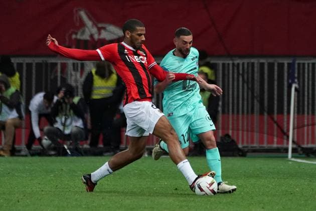 Jean Clair Todibo (OGC Nice) - Jordan Ferri (Montpellier HSC) FOOTBALL : OGC Nice vs Montpellier - Ligue 1 Uber Eats - Nice - 08 03 2024 NorbertScanella Panoramic 