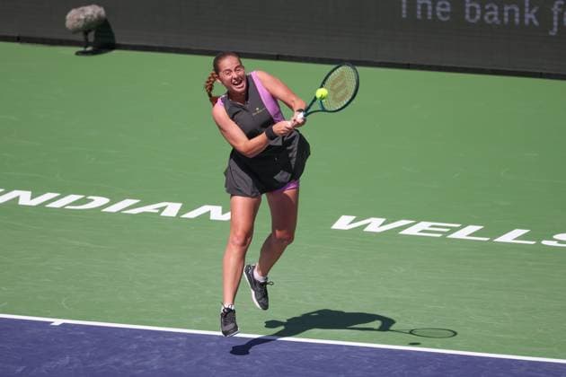 INDIAN WELLS, CA - MARCH 08: Jelena Ostapenko (LAT) hits a backhand during the BNP Paribas Open on March 8, 2024 at Indian Wells Tennis Garden in Indian Wells, CA. (Photo by George Walker Icon Sportswire) TENNIS: MAR 08 BNP Paribas Open EDITORIAL USE ONLY Icon240308047