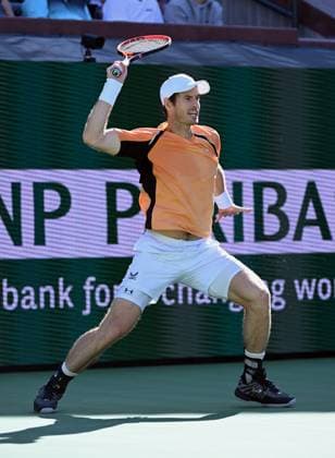 INDIAN WELLS, CA - MARCH 08: Andy Murray (GBR) looks down court after hitting the ball during a ATP, Tennis Herren tennis match played on March 8, 2024 during the BNP Paribas Open played at the Indian Wells Tennis Garden in Indian Wells, CA. (Photo by John Cordes Icon Sportswire) TENNIS: MAR 08 BNP Paribas Open EDITORIAL USE ONLY Icon506240308070