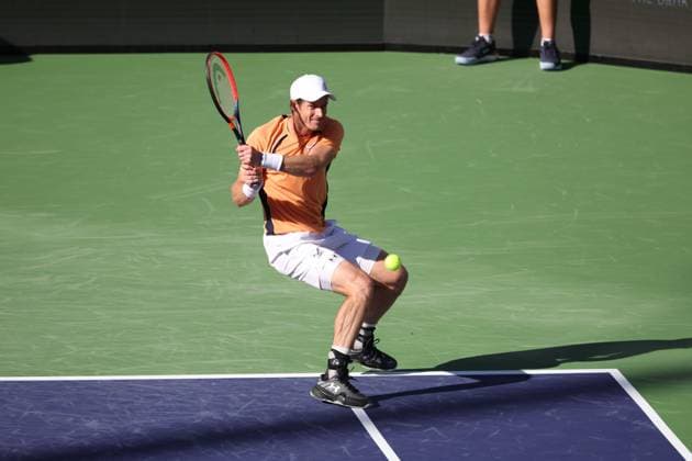 INDIAN WELLS, CA - MARCH 08: Andy Murray (GBR) hits a backhand during the BNP Paribas Open on March 8, 2024 at Indian Wells Tennis Garden in Indian Wells, CA. (Photo by George Walker Icon Sportswire) TENNIS: MAR 08 BNP Paribas Open EDITORIAL USE ONLY Icon240308093