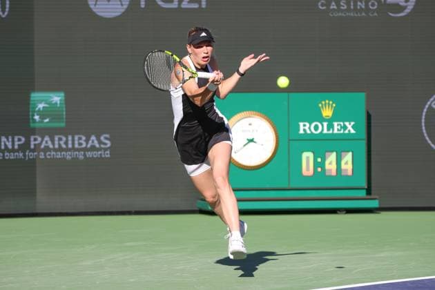 INDIAN WELLS, CA - MARCH 08: Caroline Wozniacki (DEN) hits a forehand during the BNP Paribas Open on March 8, 2024 at Indian Wells Tennis Garden in Indian Wells, CA. (Photo by George Walker Icon Sportswire) TENNIS: MAR 08 BNP Paribas Open EDITORIAL USE ONLY Icon240308103