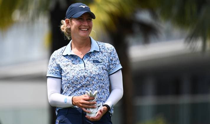 (240309) -- LINGSHUI, March 9, 2024 -- Bailey Tardy of the United States reacts during the third round of the Blue Bay LPGA, Golf Damen golf tournament in Lingshui, south China s Hainan Province, March 9, 2024. ) (SP)CHINA-HAINAN-LINGSHUI-GOLF-BLUE BAY LPGA (CN) YangxGuanyu 
