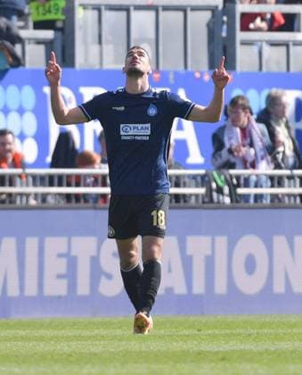 09 03 2024, xblx, Fußball 2 Bundesliga, SV Wehen Wiesbaden Hannover 96 emspor, v l Ivan Prtajin SV Wehen Wiesbaden , Goal scored, Tor zum 1 0, celebrate the goal, Torjubel , Jubel, jubeln, jubelt, DFL DFB REGULATIONS PROHIBIT ANY USE OF PHOTOGRAPHS as IMAGE SEQUENCES and or QUASI VIDEO Wiesbaden