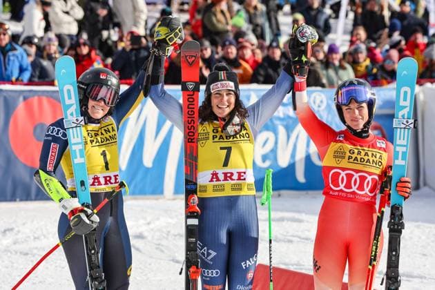 Bilder des Jahres 2024, Sport 03 März Sport Themen der Woche KW10 Sport Bilder des Tages ALPINE SKIING - FIS WC Are ARE,SWEDEN,09.MAR.24 - ALPINE SKIING- FIS World Cup, giant slalom, ladies. Image shows Sara Hector (SWE), Federica Brignone (ITA) and Lara Gut-Behrami (SUI).  GEPAxpictures xWolfgangxGrebien