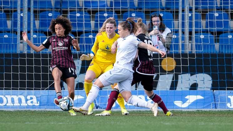 v li Amira Arfaoui FCN, 74 , Lea Paulick Goalkeeper, Goalkeeper, FCN, 1 , Michaela Specht TSG, 6 , Franziska Mai FCN, 18 , duel, duel scene, duel, tackle, tackling, dynamics, action, action, in the penalty area, Penalty area scene, 09 03 2024, Sinsheim Hoffenheim Germany , Soccer, Google Pixel Women Bundesliga, TSG 1899 Hoffenheim 1 FC Nürnberg, DFB DFL REGULATIONS PROHIBIT ANY USE OF PHOTOGRAPHS AS IMAGE SEQUENCES AND OR QUASI VIDEO xozx