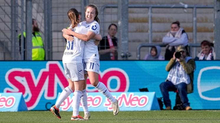from left Jana Feldkamp TSG, 31 , goal scorer Mara Alber TSG, 11 , players of TSG 1899 Hoffenheim, cheer about the goal to 2 0, cheer, goal celebration, celebrate the goal, goal, celebration, celebration about the goal, optimistic, game scene, Highlight, Action, Action, 09 03 2024, Sinsheim Hoffenheim Germany , Soccer, Google Pixel Women Bundesliga, TSG 1899 Hoffenheim 1 FC Nürnberg, DFB DFL REGULATIONS PROHIBIT ANY USE OF PHOTOGRAPHS AS IMAGE SEQUENCES AND OR QUASI VIDEO xozx