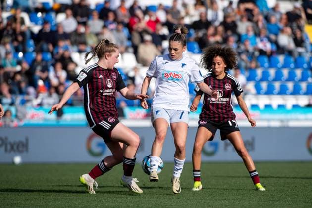 Ereleta Memeti TSG Hoffenheim, 07 in duel with Madeleine Steck FC Nuernberg, 28 , Amira Arfaoui FC Nuernberg, 74 , GER, TSG 1899 Hoffenheim vs 1 FC Nuernberg, Football Google Pixel Womens Bundesliga, Matchday 15, Season 2023 2024, 09 03 2024 DFB regulations prohibit any use of photographs as image sequences and or quasi video GER, TSG 1899 Hoffenheim vs 1 FC Nuernberg, Fußball Google Pixel Frauen Bundesliga, 15 Spieltag, Saison 2023 2024, 09 03 2024 Hoffenheim Copyright: xEibner-Pressefoto Memmlerx EP_MMR