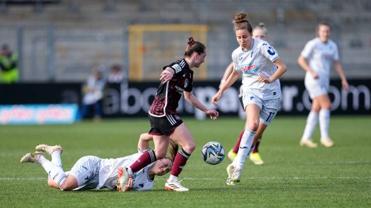 v li Michaela Specht TSG, 6 , Vanessa Haim FCN, 19 , Franziska Harsch TSG, 17 , duel, duel scene, duel, tackle, tackling, dynamics, action, action, 09 03 2024, Sinsheim Hoffenheim Germany , Football, Google Pixel Women Bundesliga, TSG 1899 Hoffenheim 1 FC Nürnberg, DFB DFL REGULATIONS PROHIBIT ANY USE OF PHOTOGRAPHS AS IMAGE SEQUENCES AND OR QUASI VIDEO xozx