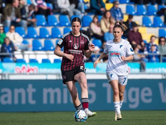 Lara Schmidt FC Nuernberg, 27 in duel with Ereleta Memeti TSG Hoffenheim, 07 , GER, TSG 1899 Hoffenheim vs 1 FC Nuernberg, Football Google Pixel Women Bundesliga, 15 Matchday, Season 2023 2024, 09 03 2024 DFB regulations prohibit any use of photographs as image sequences and or quasi video GER, TSG 1899 Hoffenheim vs 1 FC Nuernberg, Football Google Pixel Women Bundesliga, 15 Matchday, Season 2023 2024, 09 03 2024 Hoffenheim Copyright: xEibner-Pressefoto Memmlerx EP_MMR