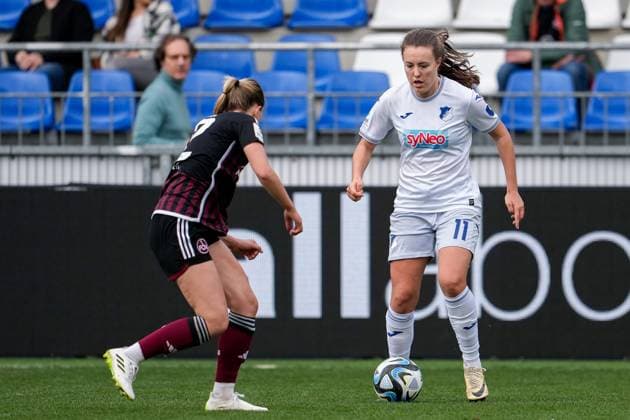 v li Amelie Thöle FCN, 12 , Mara Alber TSG, 11 , Action, Action, Game scene, 09 03 2024, Sinsheim Hoffenheim Germany , Soccer, Google Pixel Women Bundesliga, TSG 1899 Hoffenheim 1 FC Nürnberg, DFB DFL REGULATIONS PROHIBIT ANY USE OF PHOTOGRAPHS AS IMAGE SEQUENCES AND OR QUASI VIDEO xozx