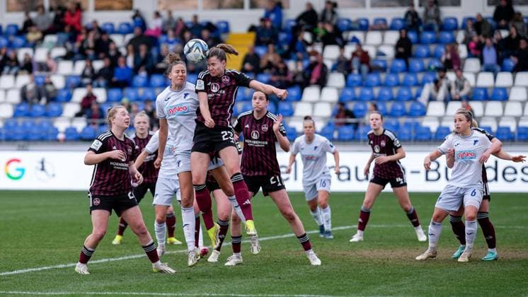 v li Franziska Harsch TSG, 17 , Nele Bauereisen FCN, 23 , header, header duel, game scene, duel in the air, action, action, in the penalty area, penalty area scene, 09 03 2024, Sinsheim Hoffenheim Germany , Football, Google Pixel Women Bundesliga, TSG 1899 Hoffenheim 1 FC Nürnberg, DFB DFL REGULATIONS PROHIBIT ANY USE OF PHOTOGRAPHS AS IMAGE SEQUENCES AND OR QUASI VIDEO xozx