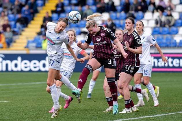 v li Franziska Harsch TSG, 17 , Selma Sol Magnusdottir FCN, 37 , header, header duel, game scene, duel in the air, action, action, in the penalty area, penalty area scene, 09 03 2024, Sinsheim Hoffenheim Germany , Football, Google Pixel Women Bundesliga, TSG 1899 Hoffenheim 1 FC Nürnberg, DFB DFL REGULATIONS PROHIBIT ANY USE OF PHOTOGRAPHS AS IMAGE SEQUENCES AND OR QUASI VIDEO xozx