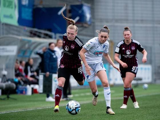 Jill Janssens TSG Hoffenheim, 09 in duel with Franziska Mai FC Nuernberg, 18 , GER, TSG 1899 Hoffenheim vs 1 FC Nuernberg, Football Google Pixel Women Bundesliga, 15 Matchday, Season 2023 2024, 09 03 2024 DFB regulations prohibit any use of photographs as image sequences and or quasi video GER, TSG 1899 Hoffenheim vs 1 FC Nuernberg, Football Google Pixel Women Bundesliga, 15 Matchday, Season 2023 2024, 09 03 2024 Hoffenheim Copyright: xEibner-Pressefoto Memmlerx EP_MMR