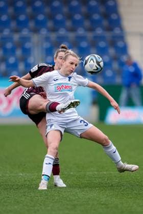 v li Lara Felix FCN, 13 , Vanessa Diehm TSG, 32 , duel, duel, tackle, tackling, dynamics, action, action, 09 03 2024, Sinsheim Hoffenheim Germany , Football, Google Pixel Women Bundesliga, TSG 1899 Hoffenheim 1 FC Nürnberg, DFB DFL REGULATIONS PROHIBIT ANY USE OF PHOTOGRAPHS AS IMAGE SEQUENCES AND OR QUASI VIDEO xozx