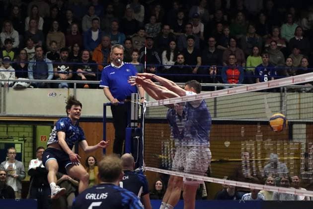 Volleyball Bundesliga Men, ASV Dachau vs VFB Friedrichshafen, 09 03 2024 Volleyball Bundesliga Men, ASV Dachau blue vs VFB Friedrichshafen white , Main Round, Munich, 09 03 2024 Picture Attack Fabian Bergmoser 7, ASV Dachau vs Jackson George Young 15, VfB Friedrichshafen , Marcus Böhme 11, VfB Friedrichshafen Copyright: xBEAUTIFULxSPORTS NilsxKoepkex