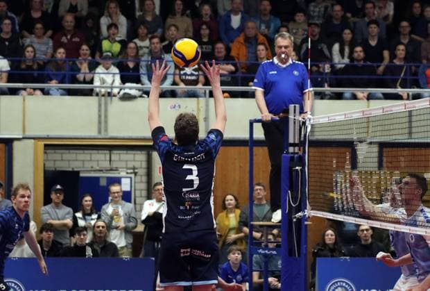 Volleyball Bundesliga Men, ASV Dachau vs. VFB Friedrichshafen, 09 03 2024 Volleyball Bundesliga Men, ASV Dachau blue vs. VFB Friedrichshafen white , Main Round, Munich, 09 03 2024 Picture Copyright: xBEAUTIFULxSPORTS NilsxKoepkex