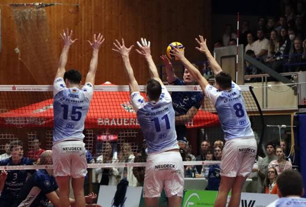 Volleyball Bundesliga Men, ASV Dachau vs VFB Friedrichshafen, 09 03 2024 Volleyball Bundesliga Men, ASV Dachau blue vs VFB Friedrichshafen white , Main Round, Munich, 09 03 2024 Picture Attack Daniel Kirchner 2, ASV Dachau vs Aleksa Batak 8, VfB Friedrichshafen Marcus Böhme 11, VfB Friedrichshafen Jackson George Young 15, VfB Friedrichshafen Copyright: xBEAUTIFULxSPORTS NilsxKoepkex