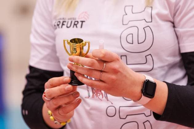 Tina De Groot Schwarz Weiss Erfurt, 12 with a mini trophy for the championship jubilation, celebration, 09 03 2024, Erfurt Germany , Volleyball, 2 Bundesliga Women Pro, Schwarz Weiss Erfurt Allbau Volleys Essen xprx
