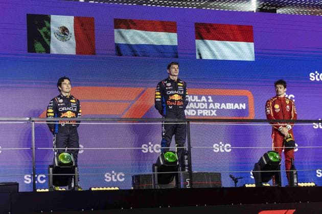 VERSTAPPEN Max (ned), Red Bull Racing RB20, portrait PEREZ Sergio (mex), Red Bull Racing RB20, portrait LECLERC Charles (mco), Scuderia Ferrari SF-24, portrait podium during the Formula 1 STC Saudi Arabian Grand Prix 2024, 2nd round of the 2024 Formula One World Championship, WM, Weltmeisterschaft from March 7 to 9, 2024 on the Jeddah Corniche Circuit, in Jeddah, Saudi Arabia - F1 - SAUDI ARABIAN GRAND PRIX 2024 DPPI Panoramic 240309_R02_SAUDI_XB3_1623