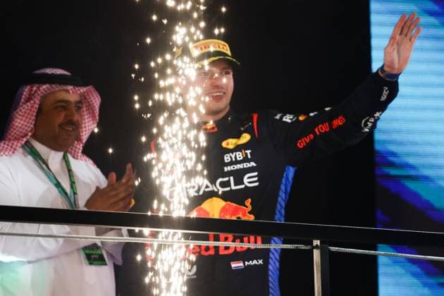 F1 Saudi Arabian Grand Prix 2024 Max Verstappen of Red Bull Racing at the podium after the Formula 1 Saudi Arabian Grand Prix at Jeddah Corniche Circuit in Jeddah, Saudi Arabia on March 9, 2024. Jeddah Saudi Arabia  Copyright: xJakubxPorzyckix originalFilename:porzycki-f1saudia240309_npLmD.jpg
