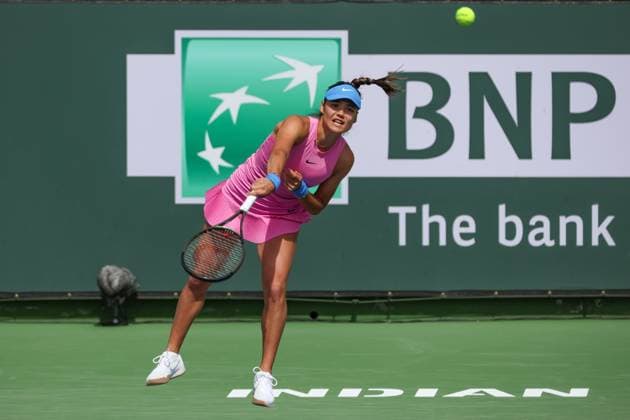 INDIAN WELLS, CA - MARCH 09: Emma Raducanu (GBR) serves during the BNP Paribas Open on March 9, 2024 at Indian Wells Tennis Garden in Indian Wells, CA. (Photo by George Walker Icon Sportswire) TENNIS: MAR 09 BNP Paribas Open EDITORIAL USE ONLY Icon240309017