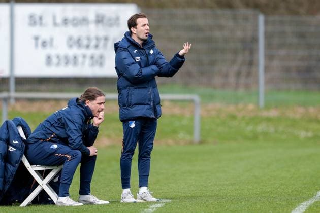 Rico Weber Coach, Head Coach, TSG II , gives instructions, gestures, gesticulates with arms, cropped, full body, single image, single photo, action, action, 10 03 2024, Sankt Leon Rot Germany , Football, 2 Women Bundesliga, TSG 1899 Hoffenheim II U20 FSV Gütersloh 2009, DFB DFL REGULATIONS PROHIBIT ANY USE OF PHOTOGRAPHS AS IMAGE SEQUENCES AND OR QUASI VIDEO xozx