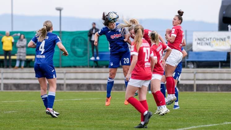 v li Lina Backhaus TSG II, 20 , Hedda Wahle FSV, 14 , header, header duel, game scene, duel in the air, action, action, in the penalty area, penalty area scene, 10 03 2024, Sankt Leon Rot Germany , Football, 2 Women Bundesliga, TSG 1899 Hoffenheim II U20 FSV Gütersloh 2009, DFB DFL REGULATIONS PROHIBIT ANY USE OF PHOTOGRAPHS AS IMAGE SEQUENCES AND OR QUASI VIDEO xozx