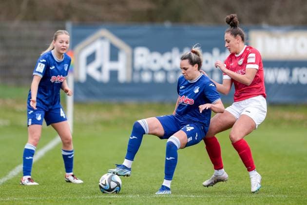 from left Sophia Gerber TSG II, 4 , Julia Hickelsberger Füller TSG II, 24 on the ball, Shpresa Aradini FSV, 17 , duel, duel, tackle, tackling, dynamics, action, action, 10 03 2024, Sankt Leon Rot Germany , Soccer, 2 Women Bundesliga, TSG 1899 Hoffenheim II U20 FSV Gütersloh 2009, DFB DFL REGULATIONS PROHIBIT ANY USE OF PHOTOGRAPHS AS IMAGE SEQUENCES AND OR QUASI VIDEO xozx