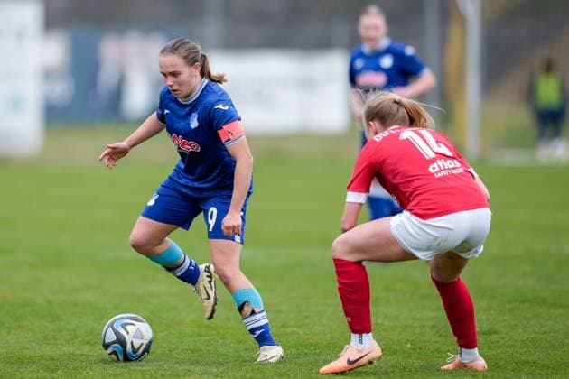 v li Marie Steiner TSG II, 9 , Hedda Wahle FSV, 14 , duel, duel, tackle, tackling, dynamics, action, action, 10 03 2024, Sankt Leon Rot Germany , Football, 2 Women Bundesliga, TSG 1899 Hoffenheim II U20 FSV Gütersloh 2009, DFB DFL REGULATIONS PROHIBIT ANY USE OF PHOTOGRAPHS AS IMAGE SEQUENCES AND OR QUASI VIDEO xozx