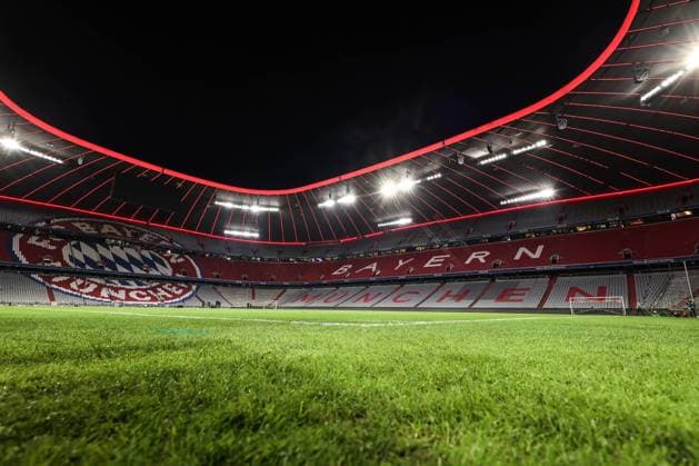 Sport, Football, Bundesliga Season 2023 24 25 Matchday FC Bayern Munich 1 FSV Mainz 05 09 03 2024, Allianz Arena The Allianz Arena after the match, floodlights, Bayern lofgo left Munich Allianz Arena Bayern Germany