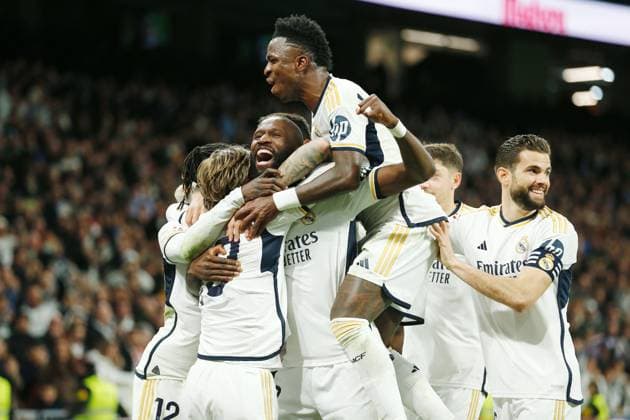 Sport Themen der Woche KW10 Sport Bilder des Tages Real Madrid team group, Mannschaftsbild, Totale (Real), MARCH 10, 2024 - Football Soccer : Real Madrid team players celebrate after Celta s own goal during Spanish LaLiga EA Sports match between Real Madrid CF 4-0 RC Celta de Vigo at the Estadio Santiago Bernabeu in Madrid, Spain. Noxthirdxpartyxsales  (246835305)