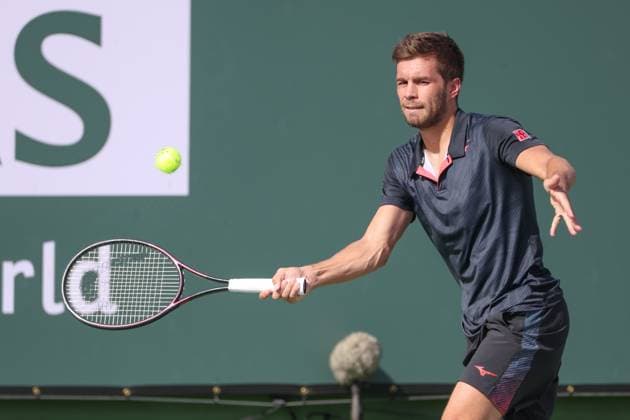 INDIAN WELLS, CA - MARCH 10: Nikola Mektic (CRO) hits a forehand during the BNP Paribas Open on March 10, 2024 at Indian Wells Tennis Garden in Indian Wells, CA. (Photo by George Walker Icon Sportswire) TENNIS: MAR 10 BNP Paribas Open EDITORIAL USE ONLY Icon240310097