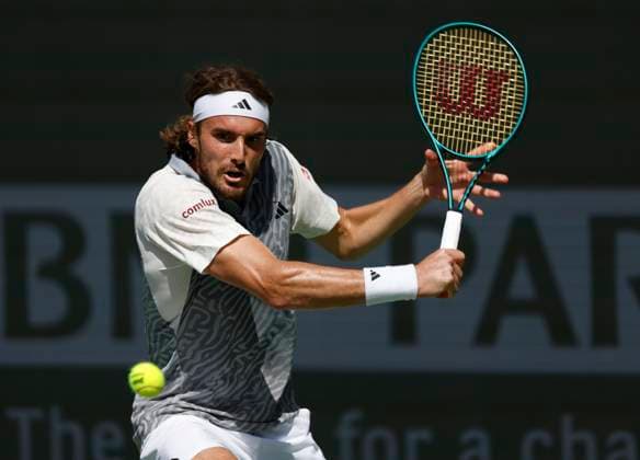 March 10, 2024 Stefanos Tsitsipas of Greece returns a shot against Frances Tiafoe during the BNP Paribas Open in Indian Wells, CA. CSM Indian Wells United States of America - ZUMAc04_ 20240310_zma_c04_091 Copyright: xCharlesxBausx