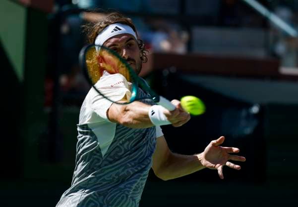 March 10, 2024 Stefanos Tsitsipas of Greece returns a shot against Frances Tiafoe during the BNP Paribas Open in Indian Wells, CA. CSM Indian Wells United States of America - ZUMAc04_ 20240310_zma_c04_136 Copyright: xCharlesxBausx