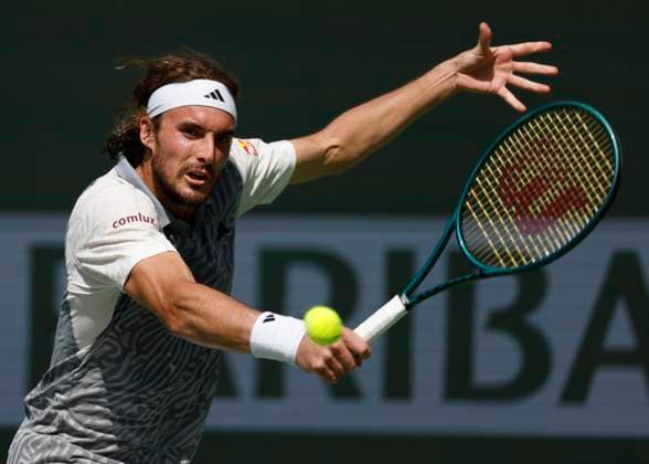 March 10, 2024 Stefanos Tsitsipas of Greece returns a shot against Frances Tiafoe during the BNP Paribas Open in Indian Wells, CA. CSM Indian Wells United States of America - ZUMAc04_ 20240310_zma_c04_140 Copyright: xCharlesxBausx