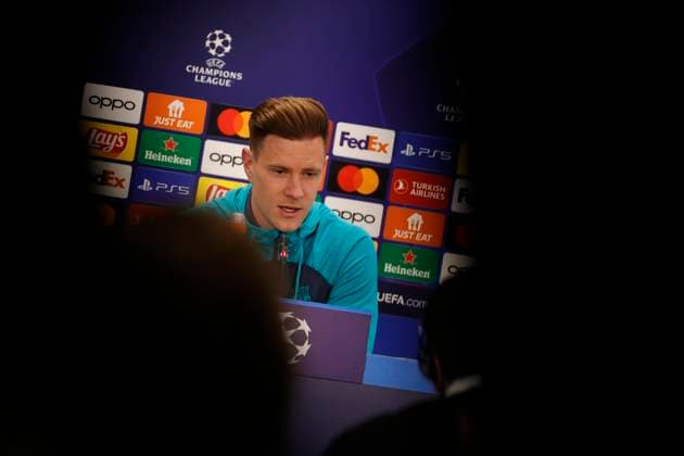 March 11, 2024, Barcellona, Naples, SPAIN: Marc-Andro ter Stegen during press conference, PK, Pressekonferenz on the eve of their UEFA Champions League 2 leg round of 16 football match against SSC Napoli at the Joan Gamper training ground in Sant Joan Despi, near Barcelona, on March 11, 2023 Barcellona SPAIN - ZUMAl131 20240311_zsp_l131_001 Copyright: xCiroxDexLucax