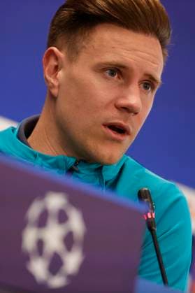 March 11, 2024, Barcellona, Naples, SPAIN: Marc-Andro ter Stegen during press conference, PK, Pressekonferenz on the eve of their UEFA Champions League 2 leg round of 16 football match against SSC Napoli at the Joan Gamper training ground in Sant Joan Despi, near Barcelona, on March 11, 2023 Barcellona SPAIN - ZUMAl131 20240311_zsp_l131_002 Copyright: xCiroxDexLucax