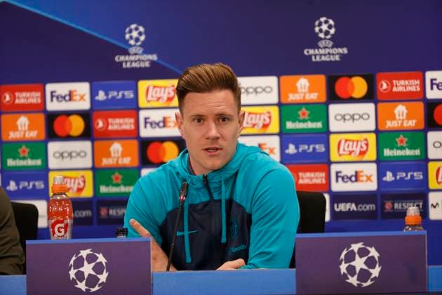 March 11, 2024, Barcellona, Naples, SPAIN: Marc-Andro ter Stegen during press conference, PK, Pressekonferenz on the eve of their UEFA Champions League 2 leg round of 16 football match against SSC Napoli at the Joan Gamper training ground in Sant Joan Despi, near Barcelona, on March 11, 2023 Barcellona SPAIN - ZUMAl131 20240311_zsp_l131_013 Copyright: xCiroxDexLucax