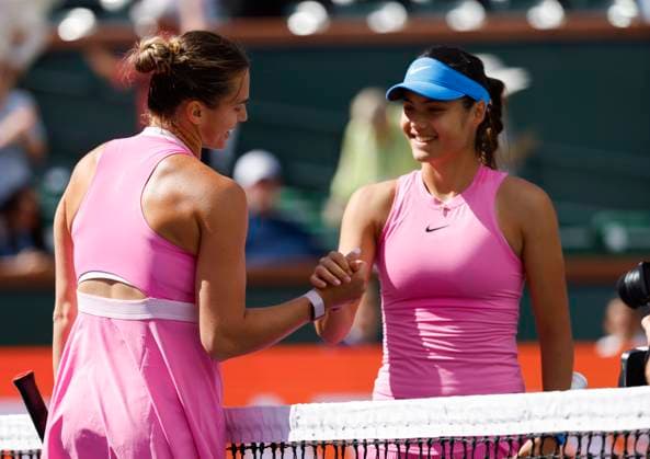 March 11, 2024 Emma Raducanu of Great Britain shakes hands at the net after her straight sets defeat against Aryna Sabalenka during the BNP Paribas Open in Indian Wells, CA. CSM Indian Wells United States of America - ZUMAc04_ 20240311_zma_c04_089 Copyright: xCharlesxBausx