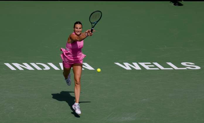 March 11, 2024 Aryna Sabalenka returns a shot against Emma Raducanu of Great Britain during the BNP Paribas Open in Indian Wells, CA. CSM Indian Wells United States of America - ZUMAc04_ 20240311_zma_c04_141 Copyright: xCharlesxBausx