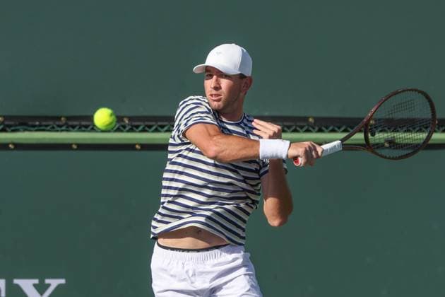 INDIAN WELLS, CA - MARCH 11: Jackson Withrow (USA) hits a forehand during the BNP Paribas Open on March 11, 2024 at Indian Wells Tennis Garden in Indian Wells, CA. (Photo by George Walker Icon Sportswire) TENNIS: MAR 11 BNP Paribas Open EDITORIAL USE ONLY Icon240311110