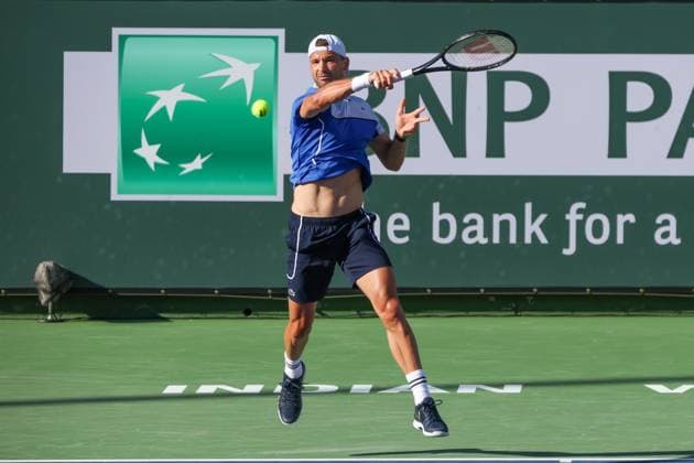 INDIAN WELLS, CA - MARCH 11: Grigor Dimitrov (BUL) hits a forehand during the BNP Paribas Open on March 11, 2024 at Indian Wells Tennis Garden in Indian Wells, CA. (Photo by George Walker Icon Sportswire) TENNIS: MAR 11 BNP Paribas Open EDITORIAL USE ONLY Icon240311135