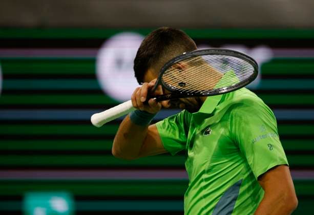 March 11, 2024 Novak Djokovic of Serbia reacts to missing a shot against Luca Nardi of Italy during the BNP Paribas Open in Indian Wells, CA. CSM Indian Wells United States of America - ZUMAc04_ 20240311_zma_c04_291 Copyright: xCharlesxBausx