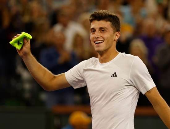March 11, 2024 Luca Nardi of Italy reacts to winning the match against Novak Djokovic of Serbia during the BNP Paribas Open in Indian Wells, CA. CSM Indian Wells United States of America - ZUMAc04_ 20240311_zma_c04_316 Copyright: xCharlesxBausx