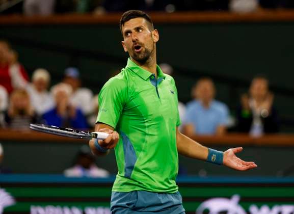 Sport Bilder des Tages March 11, 2024 Novak Djokovic of Serbia reacts to missing a shot against Luca Nardi of Italy during the BNP Paribas Open in Indian Wells, CA. CSM Indian Wells United States of America - ZUMAc04_ 20240311_zma_c04_301 Copyright: xCharlesxBausx