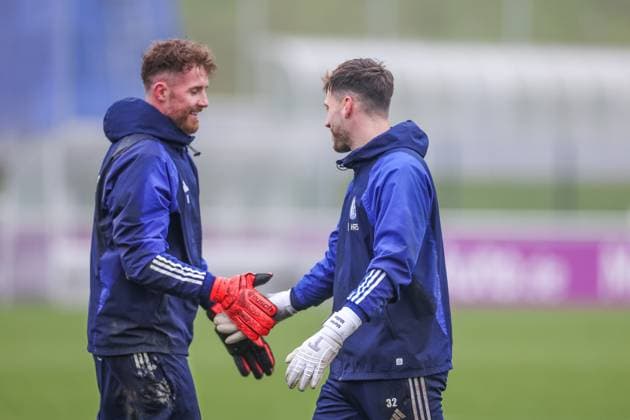 12 03 2024, Football, Season 2023 2024, 2 Bundesliga, Training FC Schalke 04, f l Ralf Fährmann FC Schalke 04 , Marius Müller FC Schalke 04 Gelsenkirchen Veltins Arena NRW Germany xRHR PHOTO TRx Copyright: TimxRehbein RHR-FOTOx RHR-FOTO TR