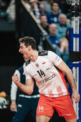 Volleyball Men Season 2023 2024 CEV Volleyball Cup 2024 Final SVG Lüneburg GER vs Asseco Resovia Rzeszow POL 12 03 2024 Yacine Louati 14, Asseco Resovia Rzeszow cheers and clenches his fist Lüneburg LKH Arena Niedersachsen Germany