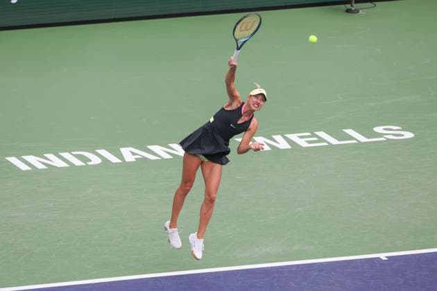 INDIAN WELLS, CA - MARCH 12: Anastasia Potapova serves during the BNP Paribas Open on March 12, 2024 at Indian Wells Tennis Garden in Indian Wells, CA. (Photo by George Walker Icon Sportswire) TENNIS: MAR 12 BNP Paribas Open EDITORIAL USE ONLY Icon240312004