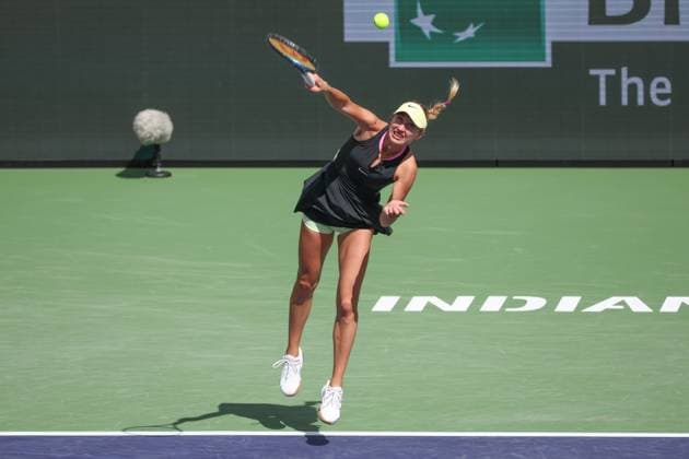 INDIAN WELLS, CA - MARCH 12: Anastasia Potapova serves during the BNP Paribas Open on March 12, 2024 at Indian Wells Tennis Garden in Indian Wells, CA. (Photo by George Walker Icon Sportswire) TENNIS: MAR 12 BNP Paribas Open EDITORIAL USE ONLY Icon240312016