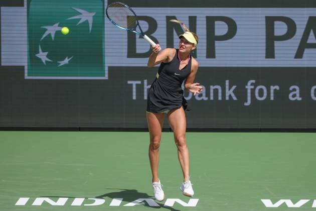 INDIAN WELLS, CA - MARCH 12: Anastasia Potapova hits a forehand during the BNP Paribas Open on March 12, 2024 at Indian Wells Tennis Garden in Indian Wells, CA. (Photo by George Walker Icon Sportswire) TENNIS: MAR 12 BNP Paribas Open EDITORIAL USE ONLY Icon240312018